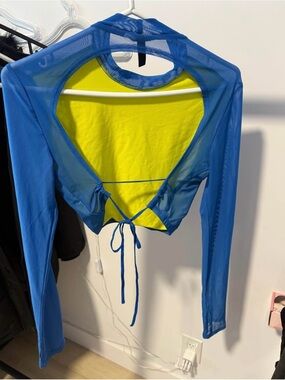 Blue Sheer Tie-Back Long Sleeve Top with Yellow Lining